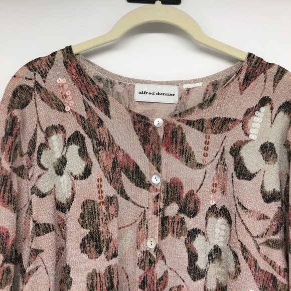 Alfred Dunner Pink sequin Knit Button-Up Cardigan Floral Sparkly pastels size ~M - Picture 4 of 16